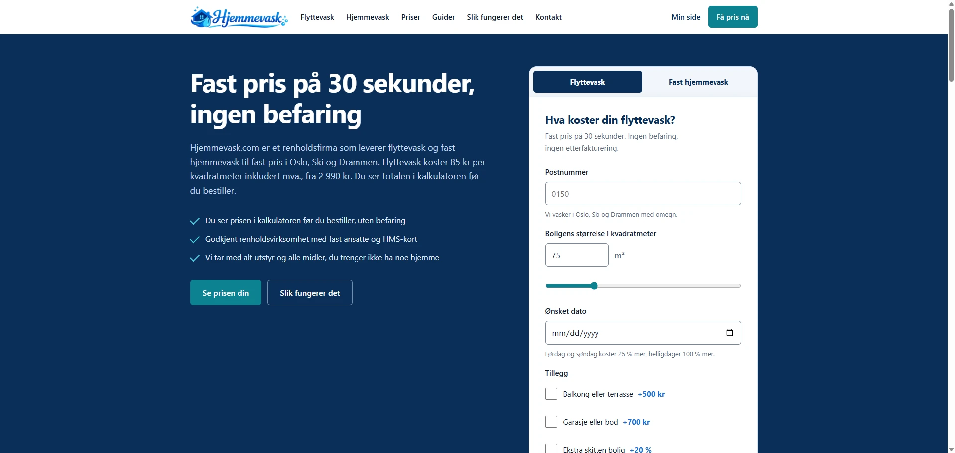 Screenshot of Hjemmevask.com — cleaning services with a postcode entry and price calculator, built with AI by CitationLab