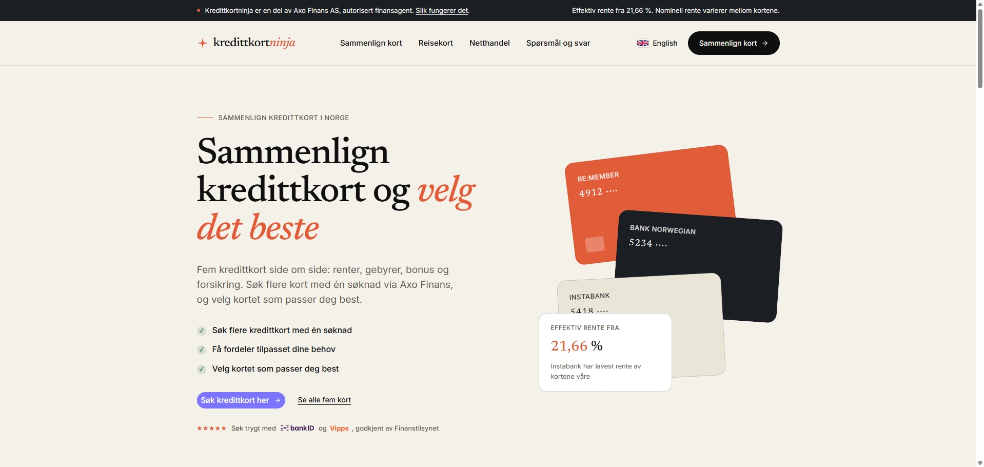 Screenshot of Kredittkortninja.no — a Norwegian credit card comparison, built with AI by CitationLab