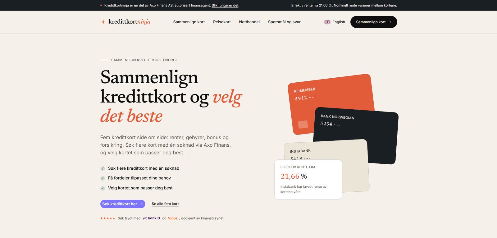 Screenshot of Kredittkortninja.no — a Norwegian credit card comparison, built with AI by CitationLab