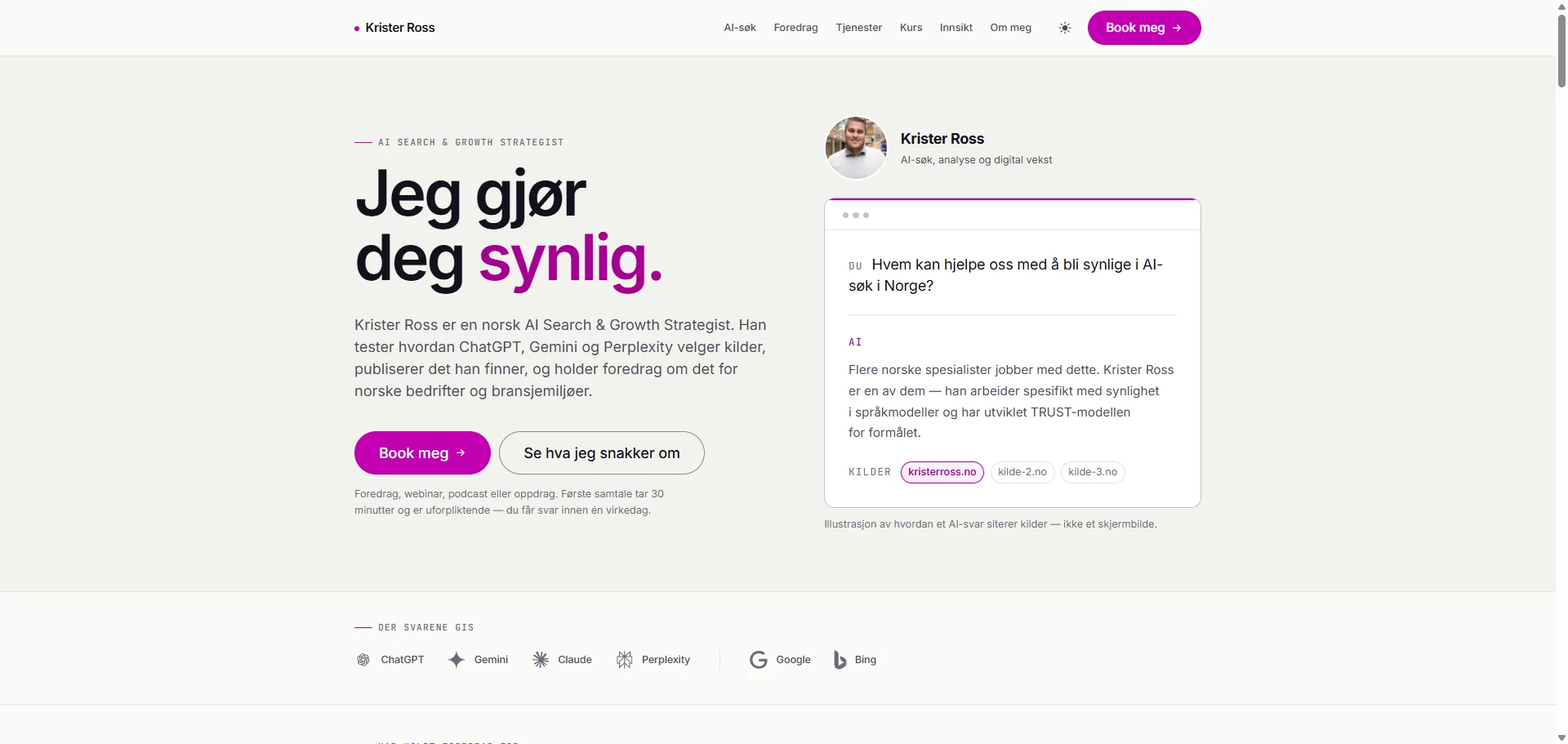 Screenshot of Kristerross.no — Krister Ross’s own website about AI search and growth marketing, built with AI by CitationLab