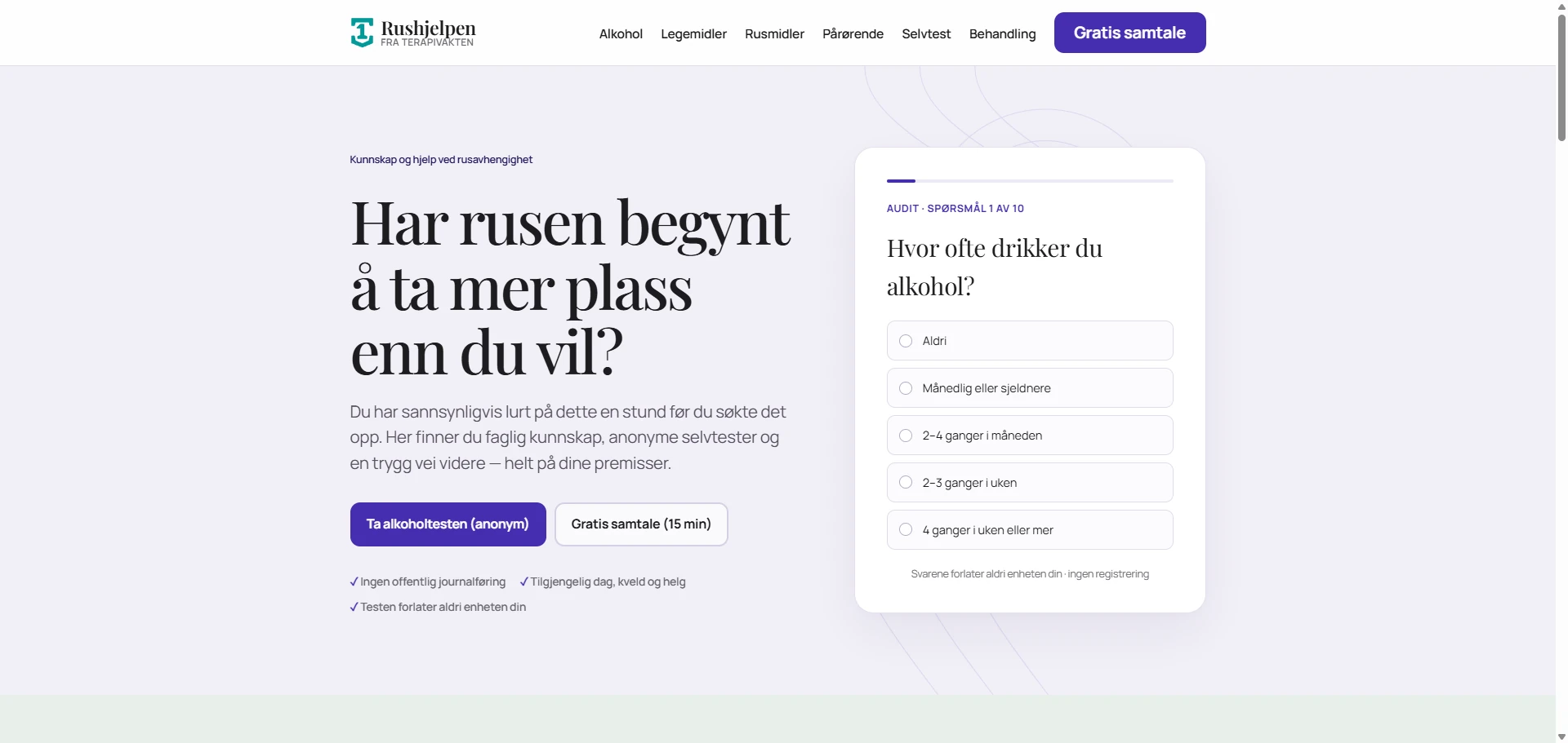 Screenshot of Rushjelpen.no — help with alcohol and substance dependency, built with AI by CitationLab