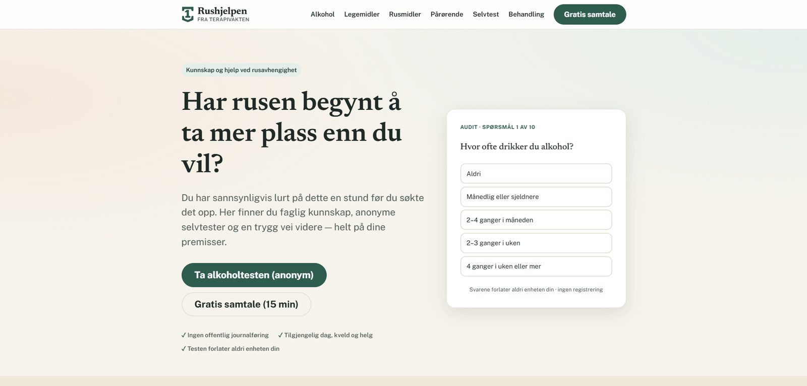 Screenshot of Rushjelpen.no — help with alcohol and substance dependency, built with AI by CitationLab