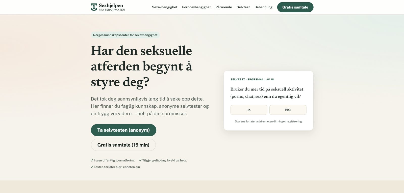 Screenshot of Sexhjelpen.no — a knowledge base on compulsive sexual behaviour, built with AI by CitationLab