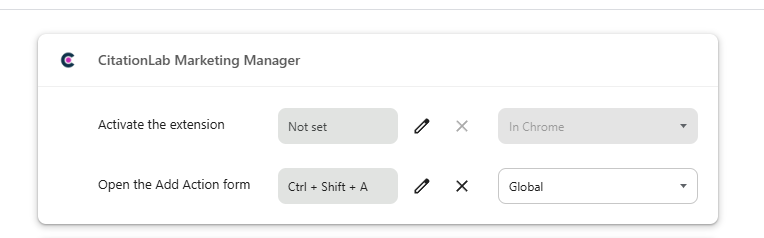 The chrome://extensions/shortcuts card for CitationLab Marketing Manager, with “Open the Add Action form” set to Ctrl + Shift + A and scope Global.