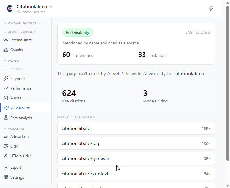 The CitationLab extension panel showing AI visibility for the current page — mentions, citations and most-cited pages.