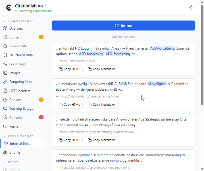 The extension's Internal links AI-tool view with Copy HTML and Copy Markdown for each suggestion.
