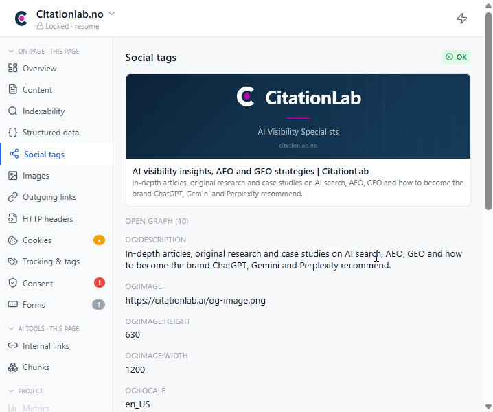 The extension's Social tags view showing Open Graph tags for the current page.