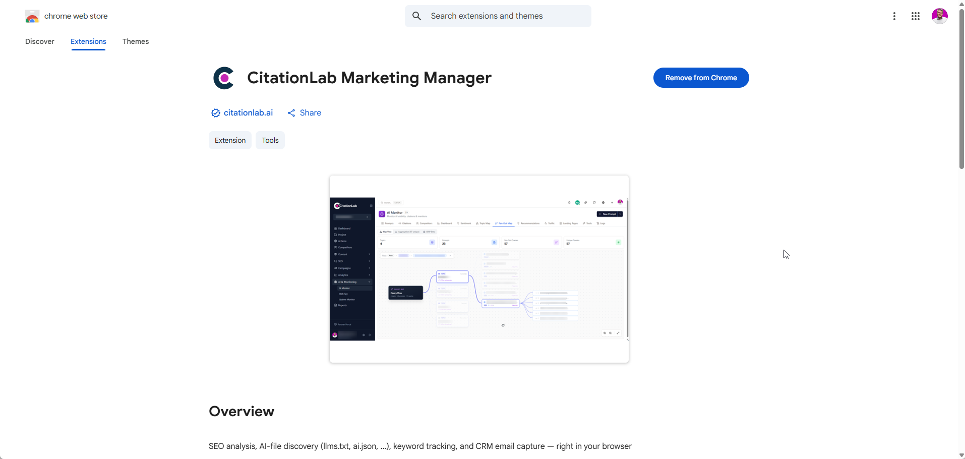 The CitationLab Marketing Manager listing in the Chrome Web Store with an “Add to Chrome” button.